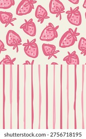 Seamless Pattern Set: Hand Drawn Strawberry and Matching Pink Stripes Vector Illustrations for Fabric and Home Decor
