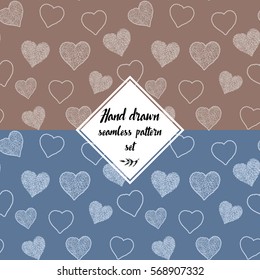 Seamless pattern set with hand drawn doodle hearts, vector illustration, Abstract background.