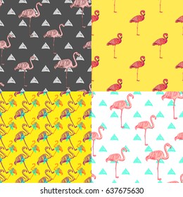 Seamless pattern set with hand drawn flamingos, vector illustration