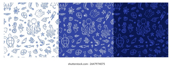 Conjunto de padrões sem costura com ilustrações desenhadas à mão de polvo, tartaruga, cavalo-marinho, peixe, coral, conchas marinhas, lula e criaturas subaquáticas. 