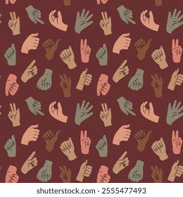 Seamless pattern Set of hands in doodle style isolated human hands. Vector different man woman hands showing victory sign, V, okay, five, class, thumb up.