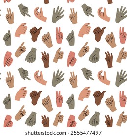 Seamless pattern Set of hands in doodle style isolated human hands. Vector different man woman hands showing victory sign, V, okay, five, class, thumb up.