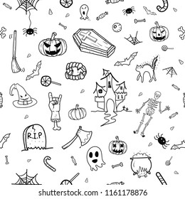 Seamless pattern set of Happy Halloween doodles hand drawn Line icons on white Background.printing wallpaper.vector illustration