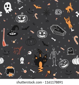 Seamless pattern set of Happy Halloween doodles hand drawn Background.printing wallpaper.vector illustration 