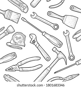 Seamless pattern set hardware tools. Hammer, screwdrivers, tape measure, wrench, pliers, utility knife, flashlight, brush. Vector black vintage engraving illustration. Isolated on white. Side view.