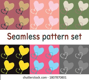 Seamless pattern set of hearts drawn with crayons