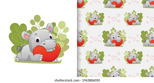 The seamless pattern set of the hippopotamus lie down on the love pillow with the cute background of illustration