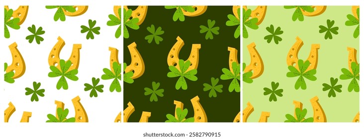 Seamless Pattern Set with Horseshoe and Clover on Light Green Background.