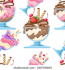 Seamless pattern. Set of Ice cream dessert in a glass bowls. Fruit sweet dessert with wafer straws, berries, chocolate. Flat vector illustration on white background.