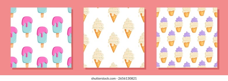 Conjunto de padrão contínuo com ilustrações de sorvete
