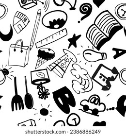 Seamless pattern set of icons, drawing doodle element related to vintage lifestyle. Set of hand drawn object symbols and icons black line drawing on white background design for cafe wall or shop