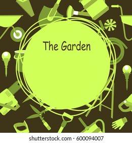seamless pattern Set of icons of garden tools, work equipment Design element for advertisement Ready for a text green