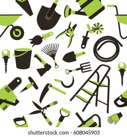 seamless pattern Set of icons of garden tools, work equipment Design element for advertisment white