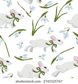 seamless pattern with a set of icons of snowdrop flower buds of various shapes and different white rabbits in different poses, for cards, stickers or other designs on the theme of spring or flowers