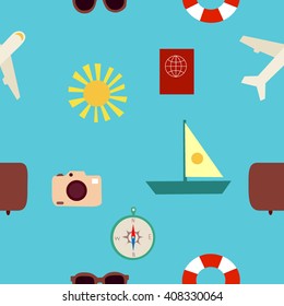 seamless pattern set icons travel. Flat design style modern vector illustration icons set of traveling on airplane, planning a summer vacation, tourism and journey objects and passenger luggage. 