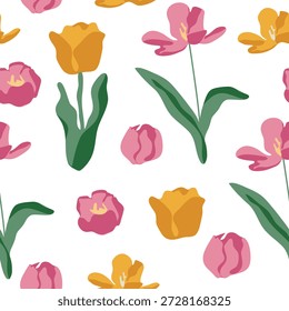 Patrón sin fisuras con un conjunto de íconos de tulipanes en un tallo y varios brotes en diferentes etapas de floración en un estilo de boceto con manchas de colores detrás, para logotipos y Elementos de marca