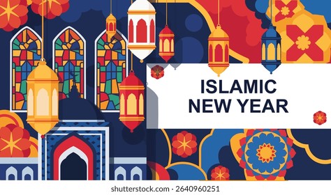 seamless pattern with a set of images of the famous landmarks
Vector illustration of Islamic New Year  template. Islamic New year or Hijri New Year Eid, welcoming the 1447 year, Arab style. 