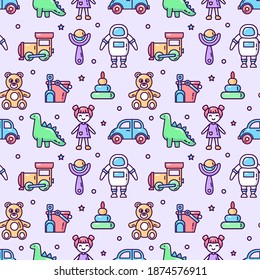 Seamless pattern set of isolated linear icons. Baby toys vector illustration for textile, wrapping and web