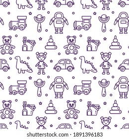 Seamless pattern set of isolated linear icons. Baby toys vector illustration for textile, wrapping and web