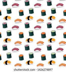 Seamless pattern with set of japanese sushi. Use for printing on textiles, t-shirt, cards, wrapping paper, poster, fabric print. Vector illustration. 