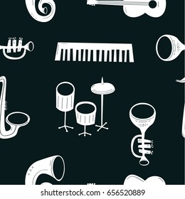 Seamless pattern set  jazz musicians instrument. Guitar, drum, sexafon, trumpet, piano 