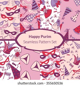 Seamless pattern set for Jewish holiday Purim. Colorful background with carnival masks and hats, holiday gifts, candy and  traditional  cookies. Vector illustration.