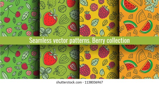 Seamless pattern set. Juicy berry collection. Cherry, strawberry, raspberry, watermelon. Hand drawn color vector sketch background. Colorful doodle wallpaper. Summer print 