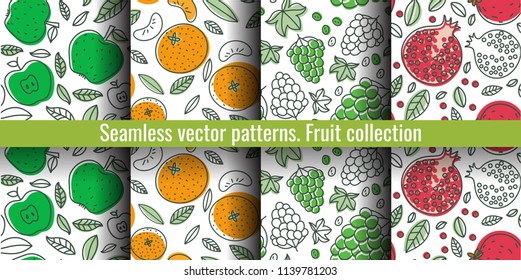 Seamless pattern set. Juicy fruit and berry collection. Grape, apple, garnet, mandarin, pomegranate, tangerine. Hand drawn color vector sketch background. Colorful doodle wallpaper. Summer print