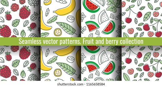 Seamless pattern set. Juicy fruit and berry collection. Banana, raspberry, cherry, watermelon. Hand drawn color vector sketch background. Colorful doodle wallpaper. Summer print 