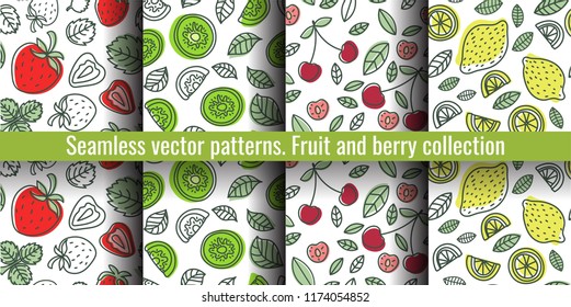 Seamless pattern set. Juicy fruit and berry collection. Strawberry, kiwi, cherry, lemon. Hand drawn color vector sketch background. Colorful doodle wallpaper. Summer print 