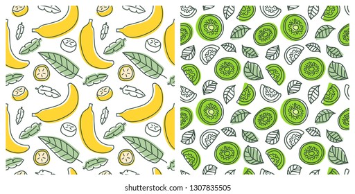 Seamless pattern set. Juicy fruit. Banana, kiwi. Hand drawn color vector sketch background. Colorful doodle wallpaper. Summer print