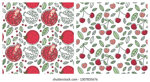 Seamless pattern set. Juicy fruit and berry. Garnet, pomegranate, cherry. Hand drawn color vector sketch background. Colorful doodle wallpaper. Summer print