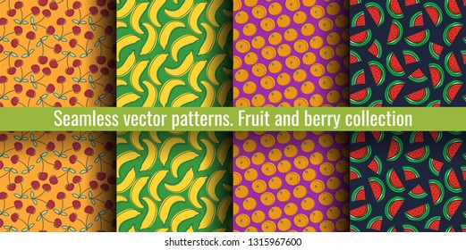 Seamless pattern set. Juicy fruit and berry collection. Cherry, banana, orange, watermelon, tangerine. Hand drawn color vector sketch background. Colorful doodle wallpaper. Summer print 