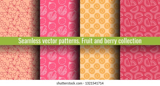 Seamless pattern set. Juicy fruit and berry collection. Cherry, pomegranate, orange, watermelon. Hand drawn color vector sketch background. Colorful doodle wallpaper. Summer print 
