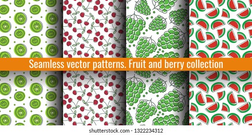 Seamless pattern set. Juicy fruit and berry collection. Kiwi, cherry, grape, watermelon. Hand drawn color vector sketch background. Colorful doodle wallpaper. Summer print