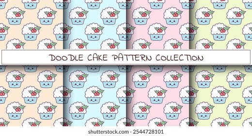 Seamless Pattern Set with Kawaii Christmas Cupcake