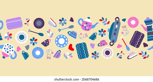 Seamless pattern set of kitchen utensils for design. Set of plates and saucepans, spoons and mugs, boards and teapots for lunch. Seamless border for decor cooking or coffee break. Vector illustration.
