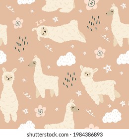 Seamless pattern with a set of lammas and clouds. Vector illustration with a children's pattern with lammas for the design of a children's room.Flat doodle style.