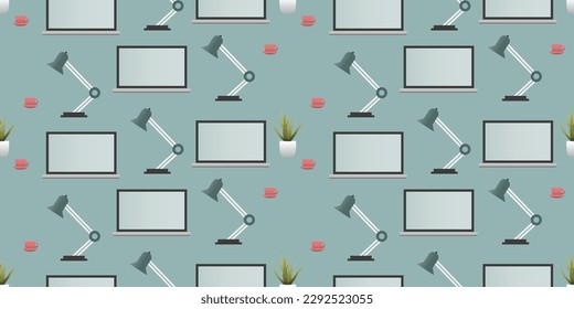 Seamless Pattern - Set of Laptop Computer, Reading Lamp, Plant and Coffee Cup Objects - Side View, Modern Home Office Workplace Concept - Creative Office Workspace Texture, Vector Design