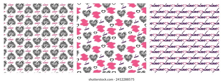 Seamless pattern set with lettering love and hearts doodles for textile, scrapbook. Love illustration hearts hand drawn background for Valentines day