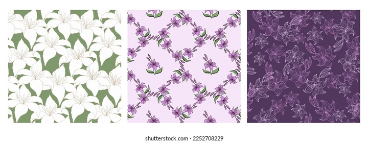 Seamless pattern set. Lilly Line art flower hand drawing background