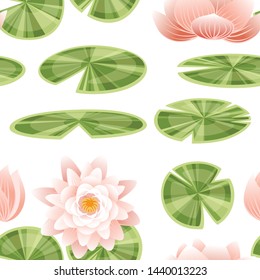 Seamless pattern set of lily lotus parts flat vector illustration on white background