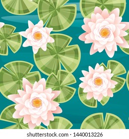 Seamless pattern set of lily lotus parts flat vector illustration on blue water background