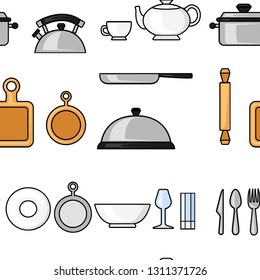 Seamless pattern. Set of line style kitchenware icon. Collection of colored icons. Vector illustration on white background.