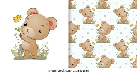 The seamless pattern set of little bear catching the beautiful butterfly in the garden of illustration