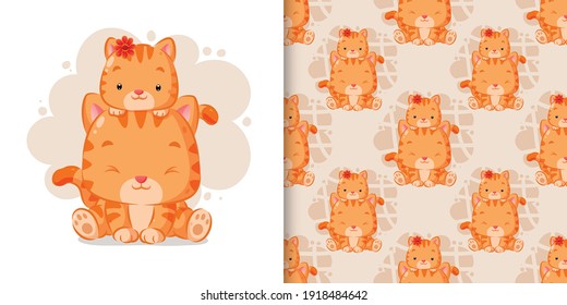 The seamless pattern set of little cat playing on the cat's head in the watercolor illustration