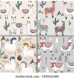 Seamless pattern set with llama and cactus. vector illustration for fabric, textile,wallpaper.