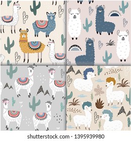 Seamless pattern set with llama and cactus. vector illustration for fabric, textile,wallpaper.