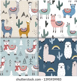 Seamless pattern set with llama and cactus. vector illustration for fabric, textile,wallpaper.
