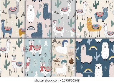 Seamless pattern set with llama and cactus. vector illustration for fabric, textile,wallpaper.